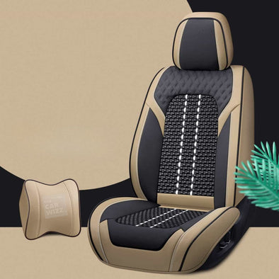 Beige & Black Designer Seat Cover Kit with Neck Pillow - The Car Wizz