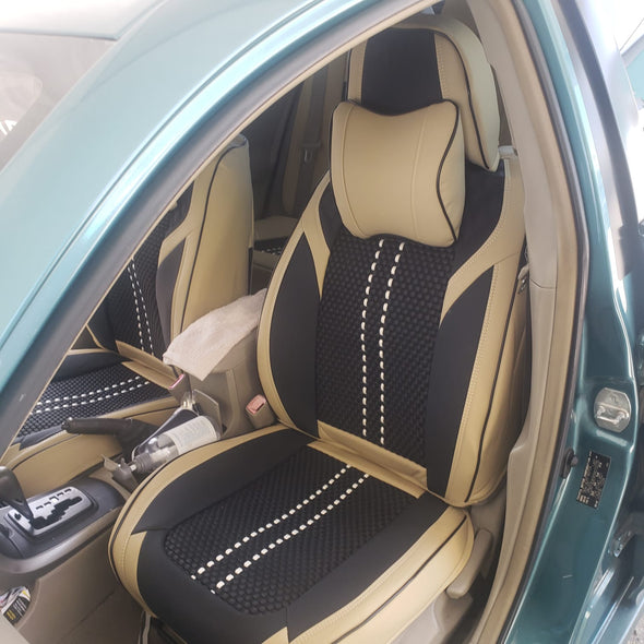 Beige & Black Designer Seat Cover Kit with Neck Pillow - The Car Wizz