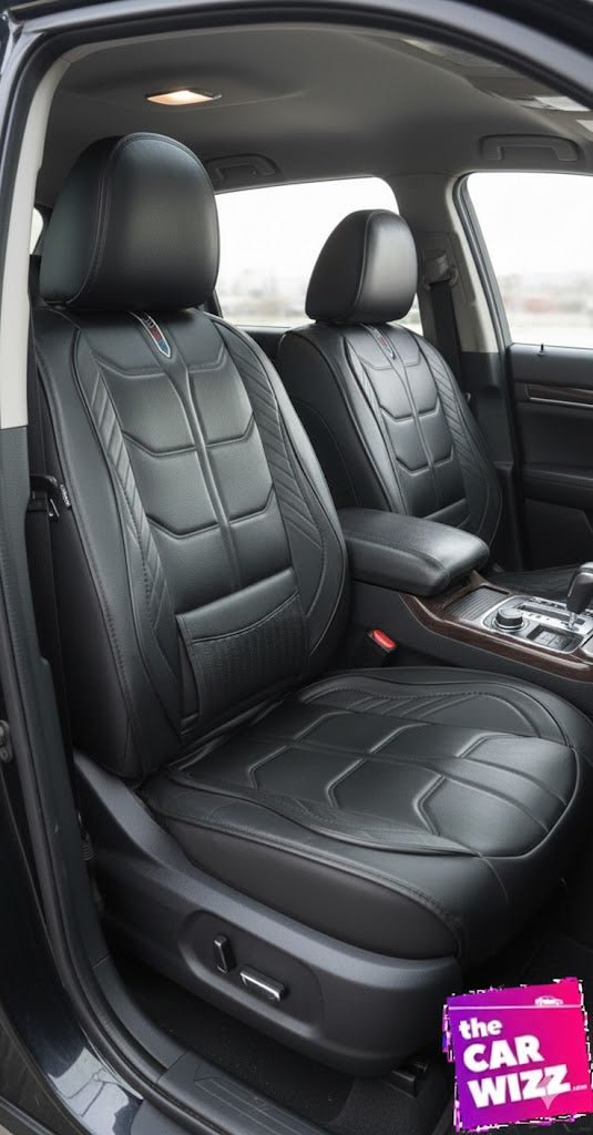Black Synthetic Leather Seat Covers with Textured Design and Built - In Lumbar Support - The Car Wizz