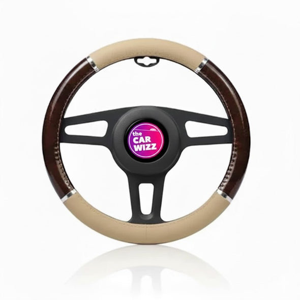 Luxury Beige & Brown Wood - Trim Steering Wheel Cover - The Car Wizz