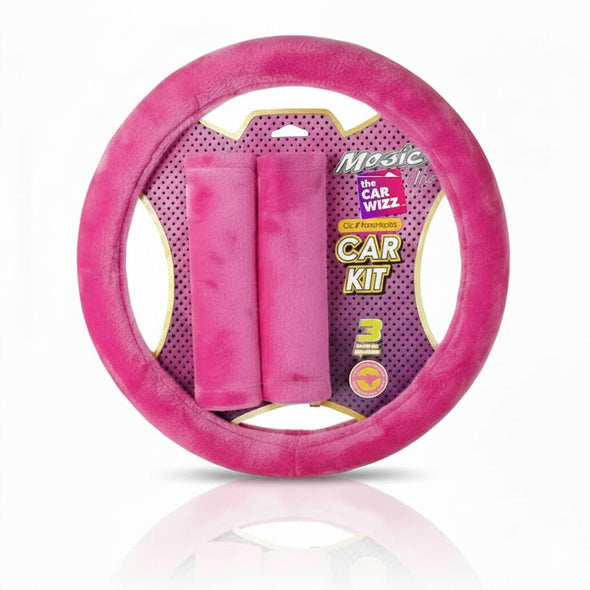 Pink Plush Steering Wheel Cover & Seat - Belt Pad Combo - The Car Wizz