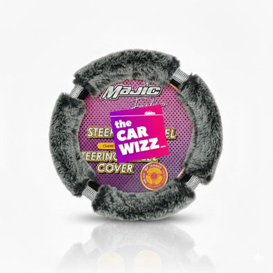 Plush Gray Faux - Fur Steering Wheel Cover with Textured Grip Panels - The Car Wizz