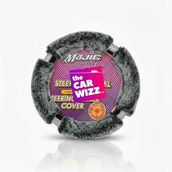 Plush Gray Faux - Fur Steering Wheel Cover with Textured Grip Panels - The Car Wizz
