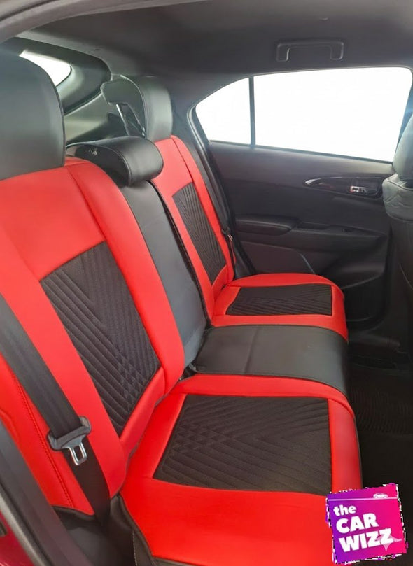 Premium Red & Black Synthetic Leather Seat Covers with Fabric Center - The Car Wizz