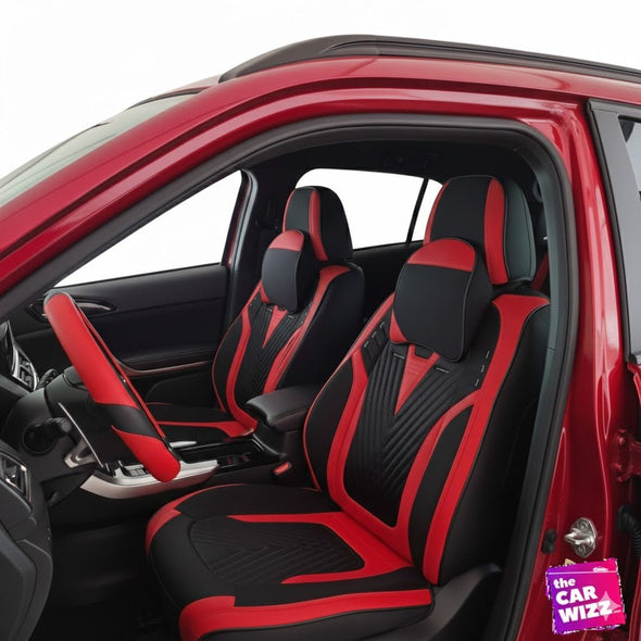 Premium Red & Black Synthetic Leather Seat Covers with Fabric Center - The Car Wizz