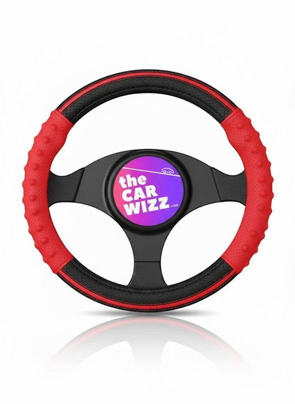 Red Sport Grip Steering Wheel Cover – Breathable, Stylish, Universal Fit - The Car Wizz