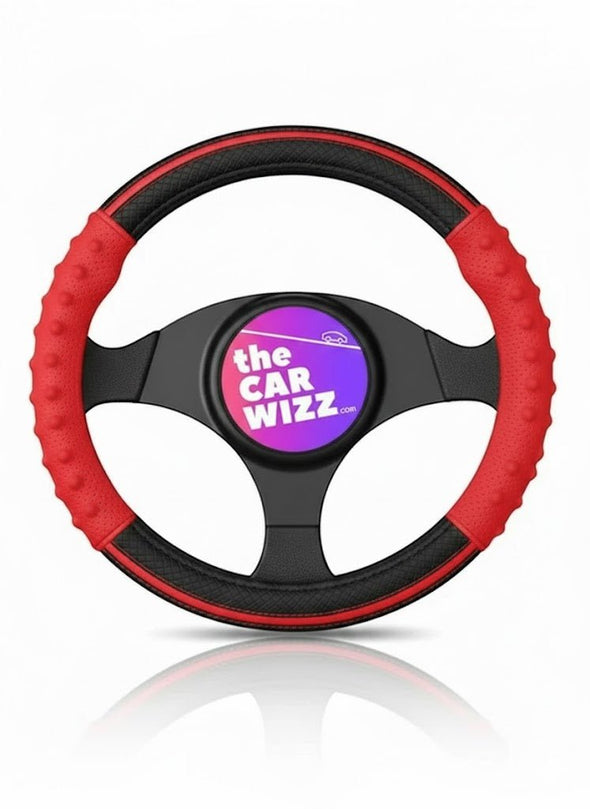 Red Sport Grip Steering Wheel Cover – Breathable, Stylish, Universal Fit - The Car Wizz