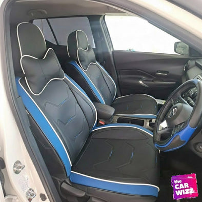 Sport Edition Black Seat Covers with Blue Trim and Comfort Neck Pillows - The Car Wizz