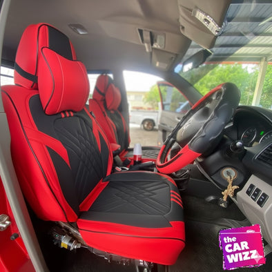 Premium Red & Black Synthetic Leather Seat Covers with Fabric Center