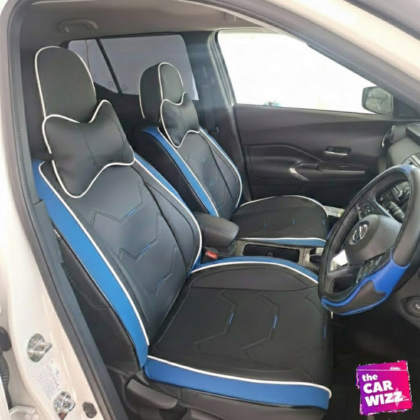 Sport Edition Black Seat Covers with Blue Trim and Comfort Neck Pillows