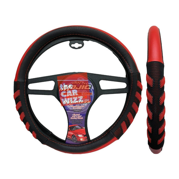 Blk & Red Steering Cover W/ Grip (Size 14.5 - 15 Inch) - The Car Wizz AutoStore