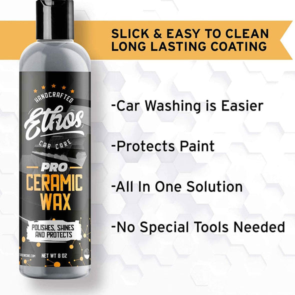 Ethos Ceramic Wax PRO - Aerospace Coating Protection | Ceramic Polish and Top Coat | Deep Mirror Shine | Slick, Hydrophobic Finish - Foam Applicator Included - The Car Wizz AutoStore