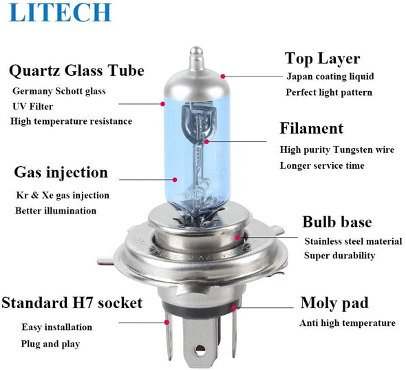 Litech Bright Super White H4 Halogen Bulb 12V 100/90W for Replacement Car Halogen Headlight Bulbs - The Car Wizz AutoStore